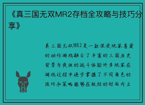 《真三国无双MR2存档全攻略与技巧分享》
