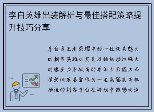 李白英雄出装解析与最佳搭配策略提升技巧分享