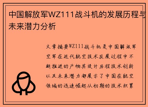 中国解放军WZ111战斗机的发展历程与未来潜力分析